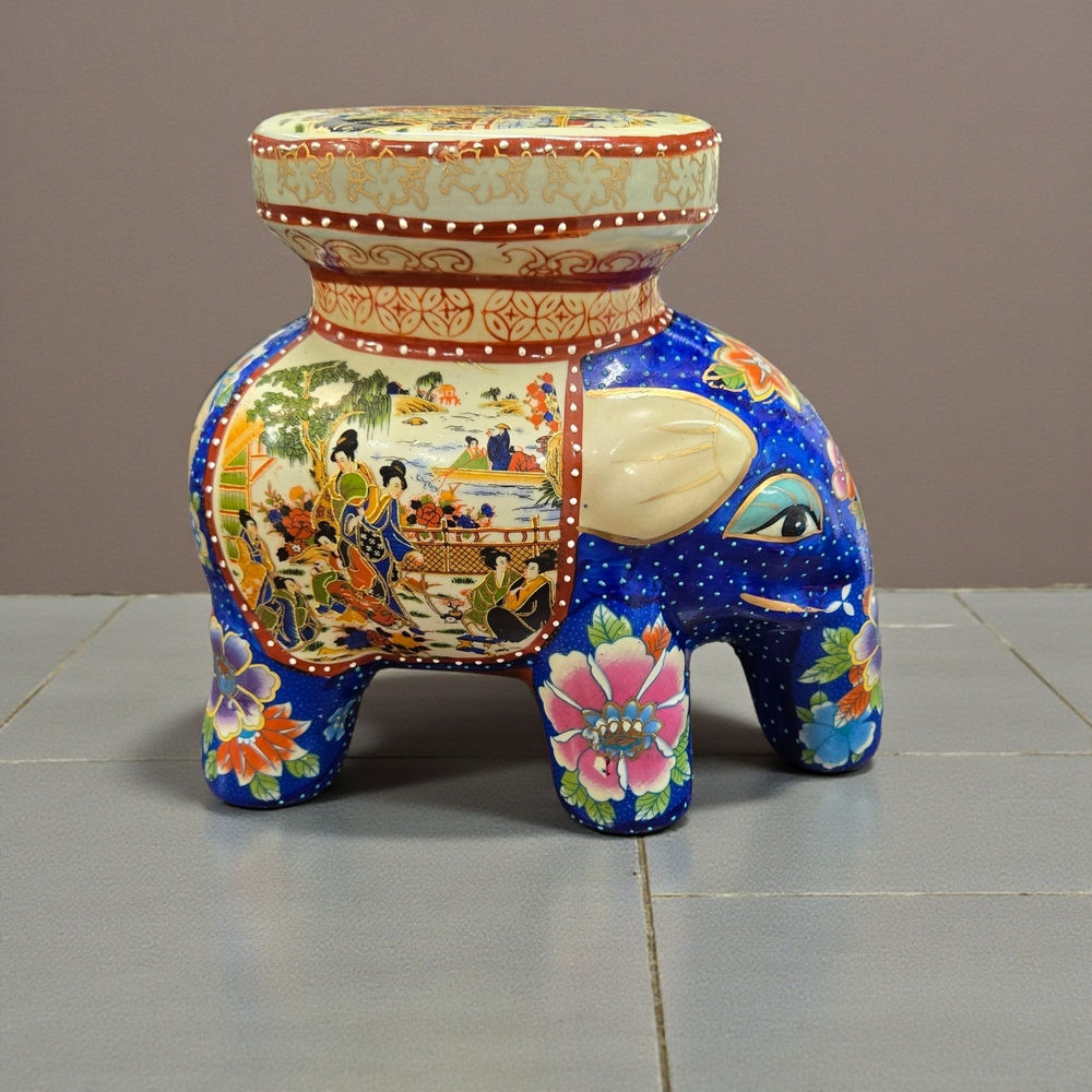 Vintage Hand Painted Satsuma Style Elephant Statue Plant Stand 8.5"